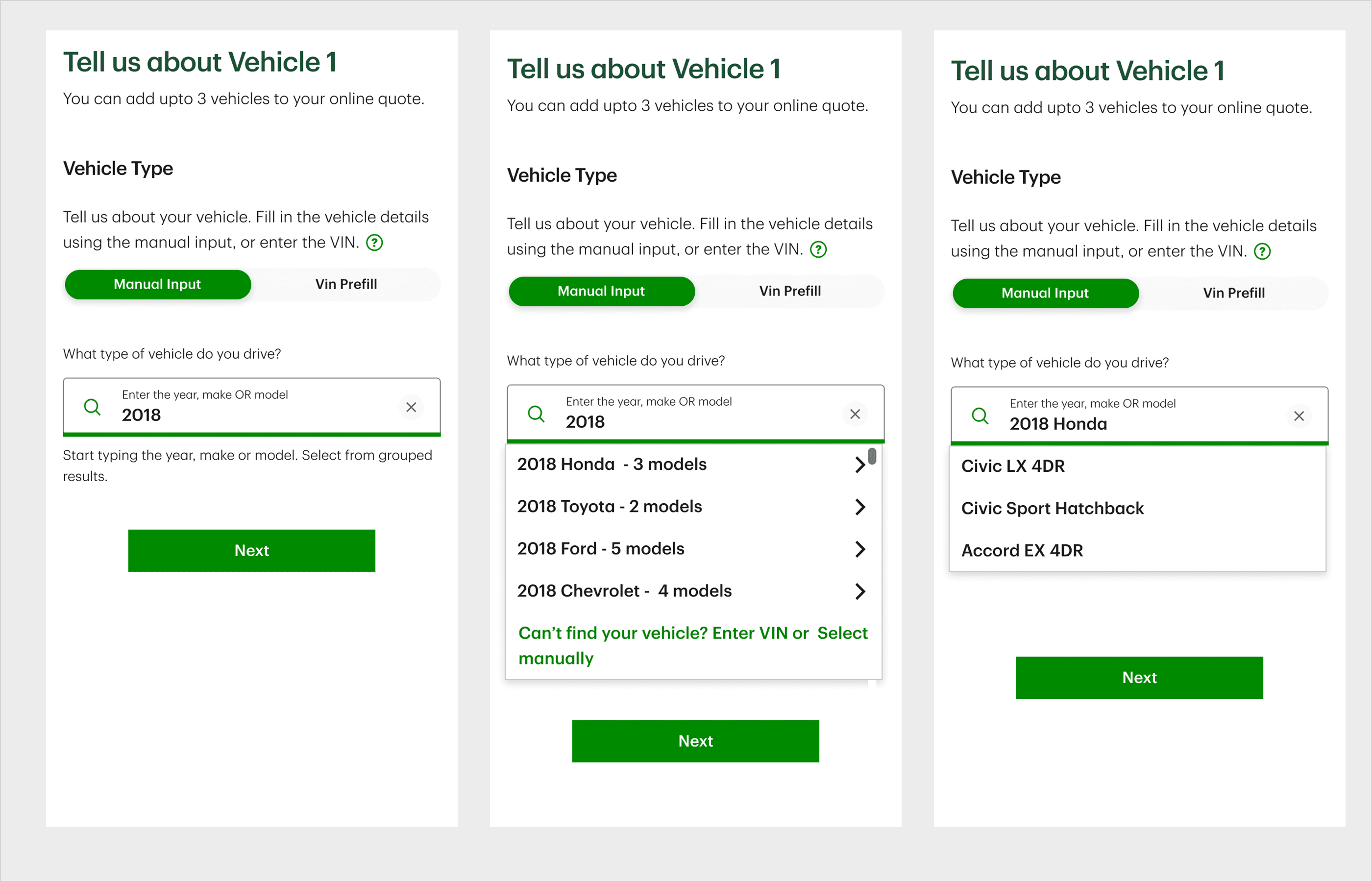 Proposed solution: Grouped drill-down vehicle selection pattern