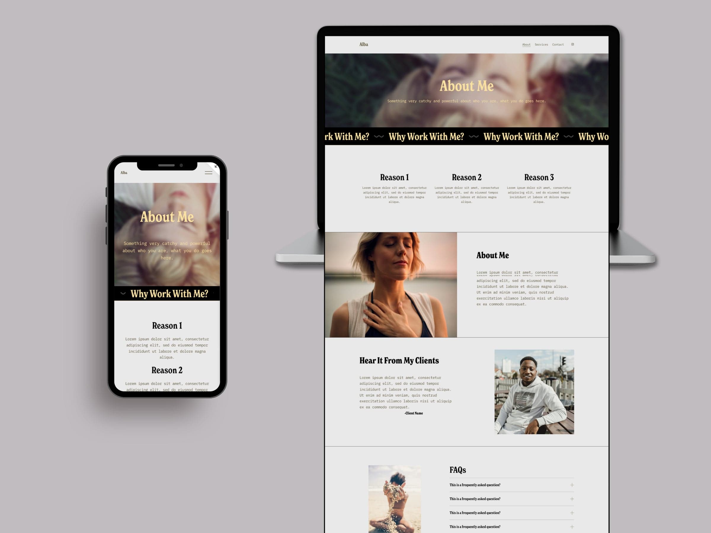 The Alba about page on a phone and as a full-length desktop page: a condensed serif header, a black marquee band, a three-column reasons grid, split image and text rows, and an FAQ list with hairline dividers.
