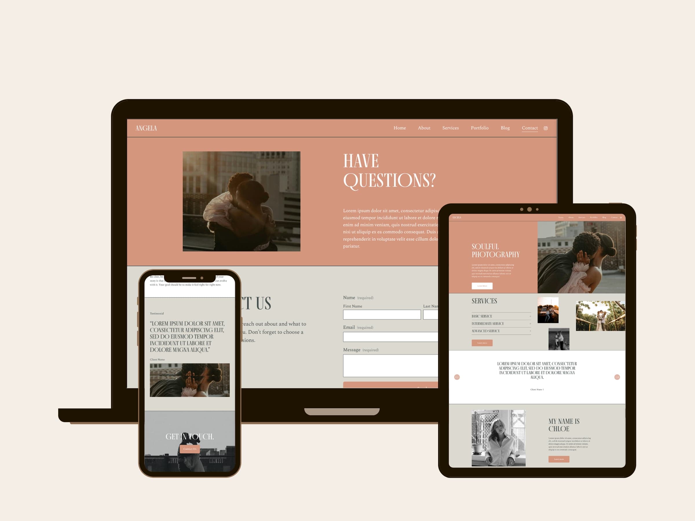 Angela on a laptop, tablet and phone: a terracotta contact header with a tall serif headline, a services list with hairline dividers, and a centered serif testimonial.