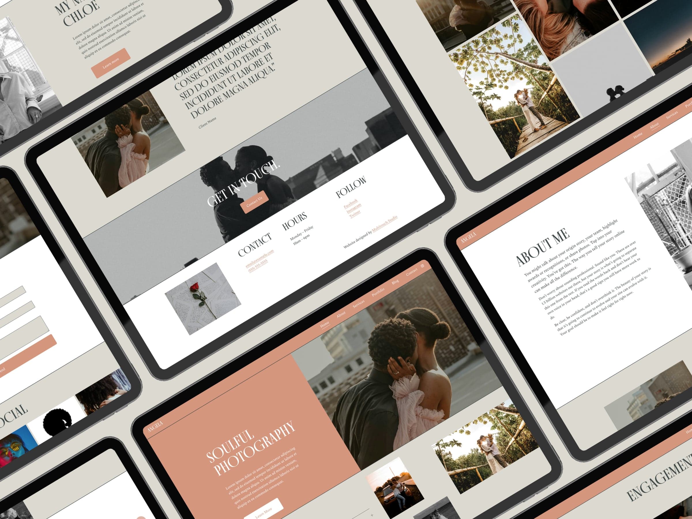 Angled collage of Angela template pages on tablets: tall uppercase serif headings, terracotta header bands and buttons, and warm grey content blocks.