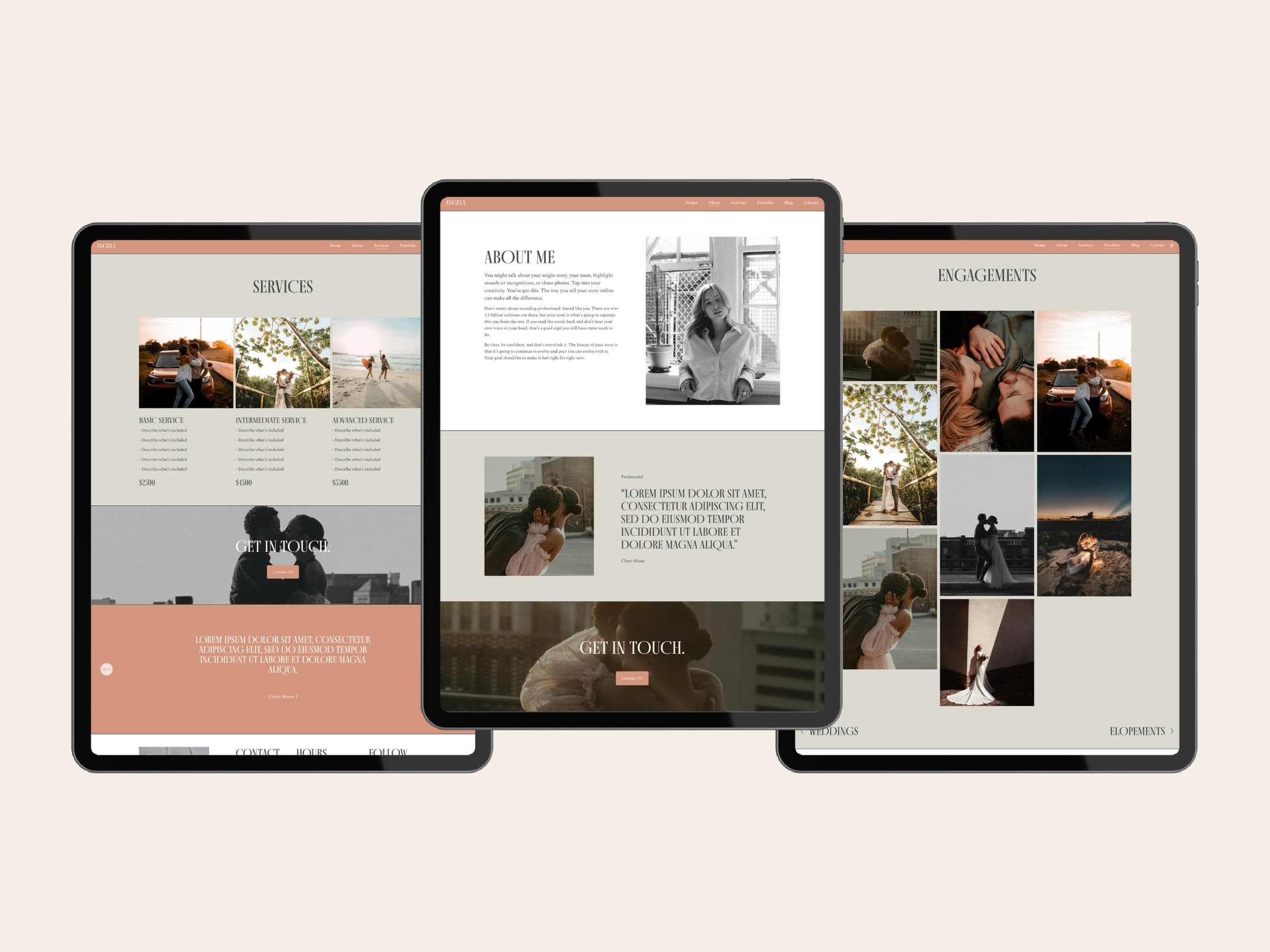 Three Angela pages on tablets: services in three priced columns, an about page with a serif testimonial on warm grey, and an engagements gallery in a staggered grid.