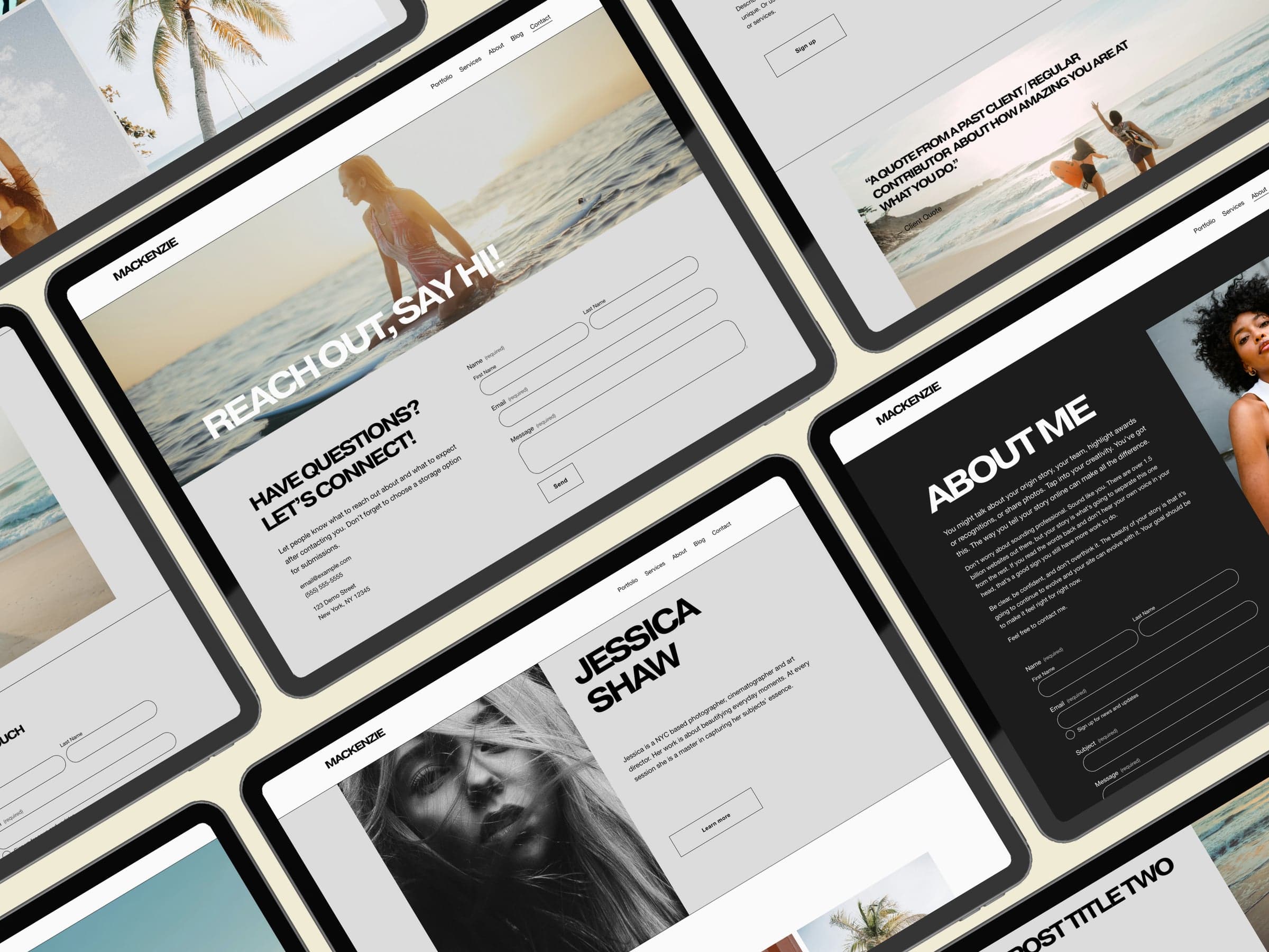 Angled collage of Mackenzie template pages on tablets: wide, tightly tracked grotesque caps, hairline rules, outlined buttons and rounded form fields on grey and near-black sections.