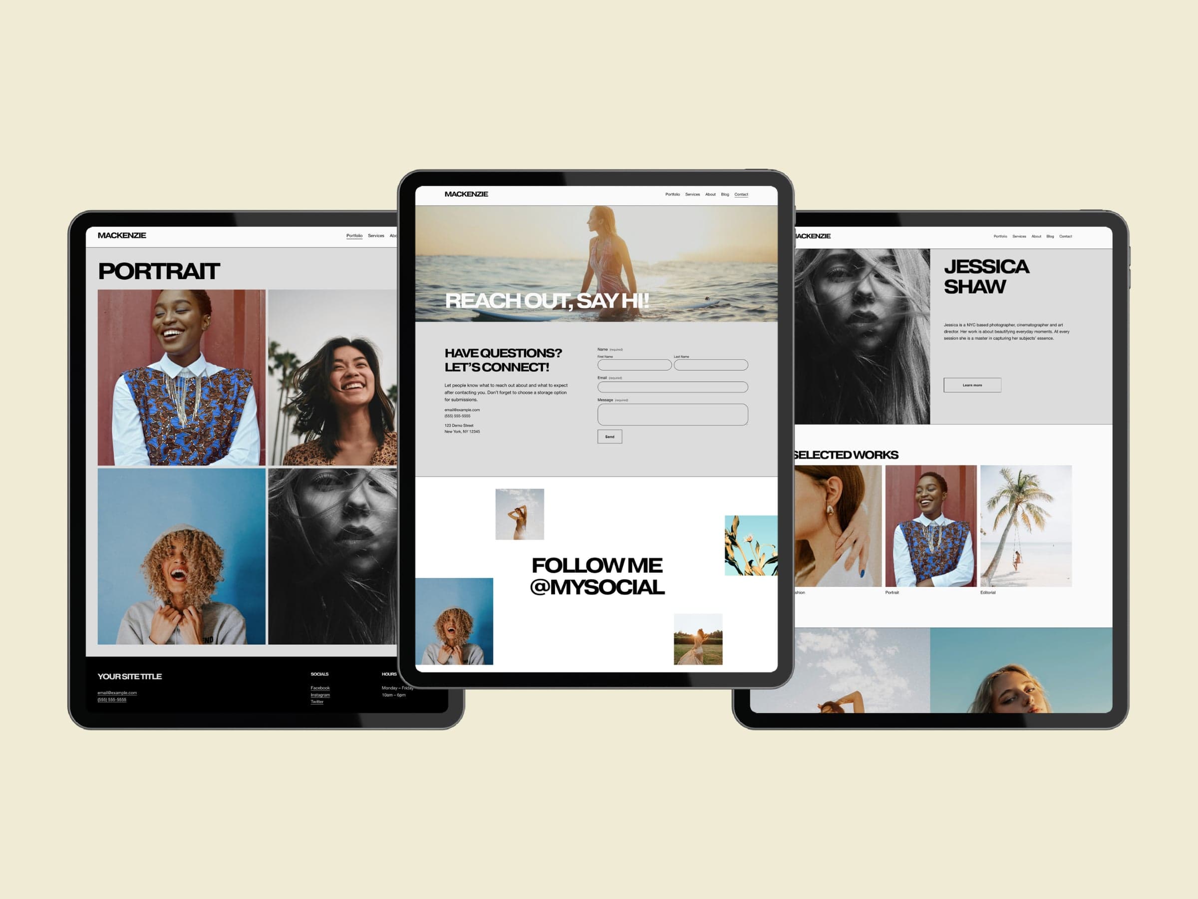 Three Mackenzie pages on tablets: a two-by-two portrait gallery above a black footer, a contact page with a full-bleed header and an outlined form, and an about page with a selected works grid.