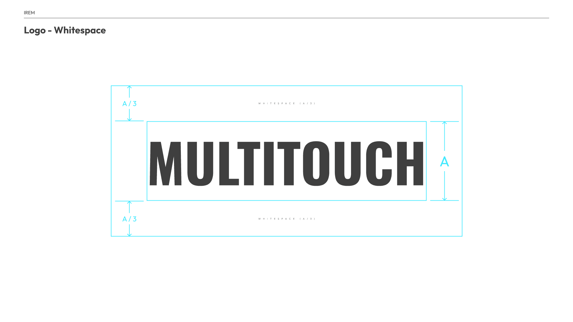 Logo clear space diagram: the MULTITOUCH wordmark at height A, with whitespace of A/3 above and below.